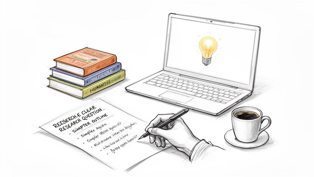 Ein Schreibtisch mit Büchern, einem Laptop mit Glühbirne, einer Hand beim Schreiben eines Forschungsentwurfs und Kaffee.