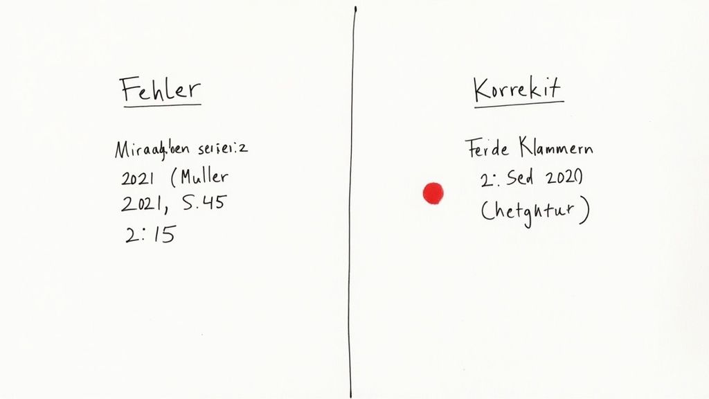 Vergleich zwischen Fehler und Korrektur in der Harvard-Zitierweise mit Beispiel aus Muller 2021