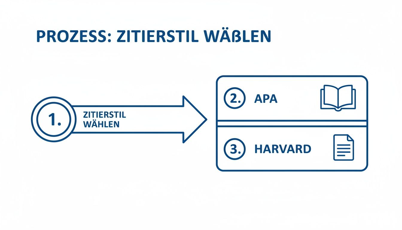 Diagramm zeigt den Prozess der Auswahl eines Zitierstils. Optionen umfassen APA und Harvard als Beispiele.