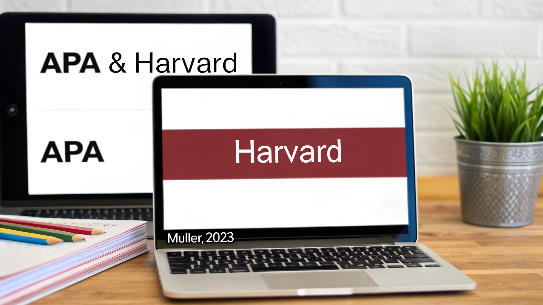 Zwei Bildschirme zeigen APA- und Harvard-Zitierstile, mit Text 'Muller, 2023' und Büromaterial.