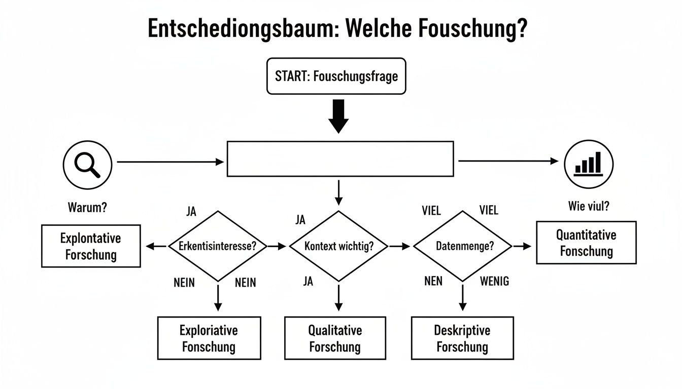 Entscheidungsbaum zur Auswahl der passenden Forschungsart basierend auf verschiedenen Kriterien und Fragen.
