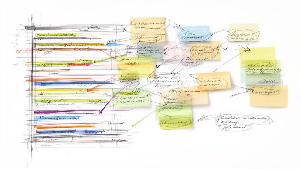 Handgezeichnetes Diagramm mit Notizen auf Haftnotizen und verbindenden Linien, ein Brainstorming oder Konzept.