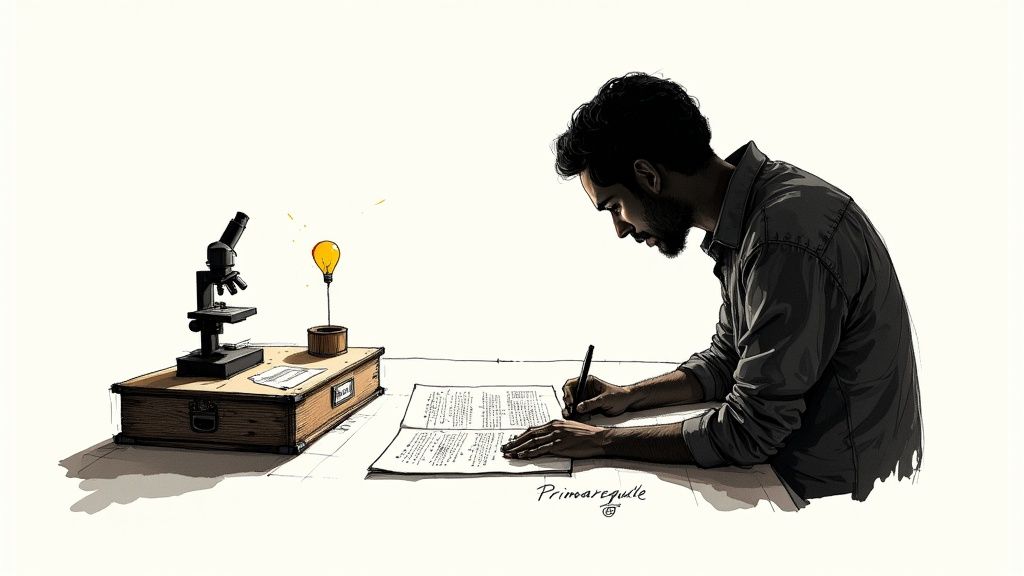 Eine Person in einer Bibliothek, die in alten Dokumenten blättert, was die direkte Arbeit mit Primärquellen symbolisiert.