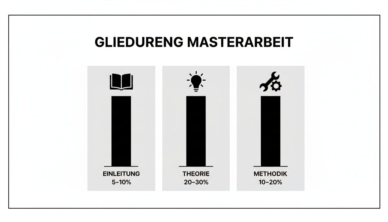 Übersicht der Gliederung einer Masterarbeit mit Einleitung, Theorie und Methodik sowie deren prozentualer Gewichtung.