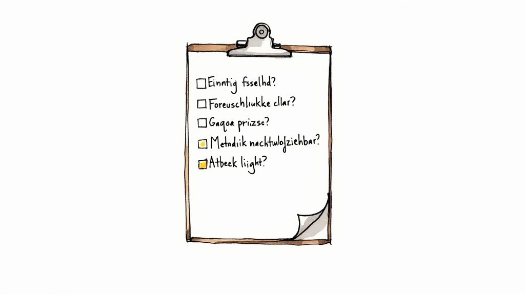 Ein Klemmbrett mit einer handschriftlichen Checkliste, auf der einige Punkte gelb markiert sind.