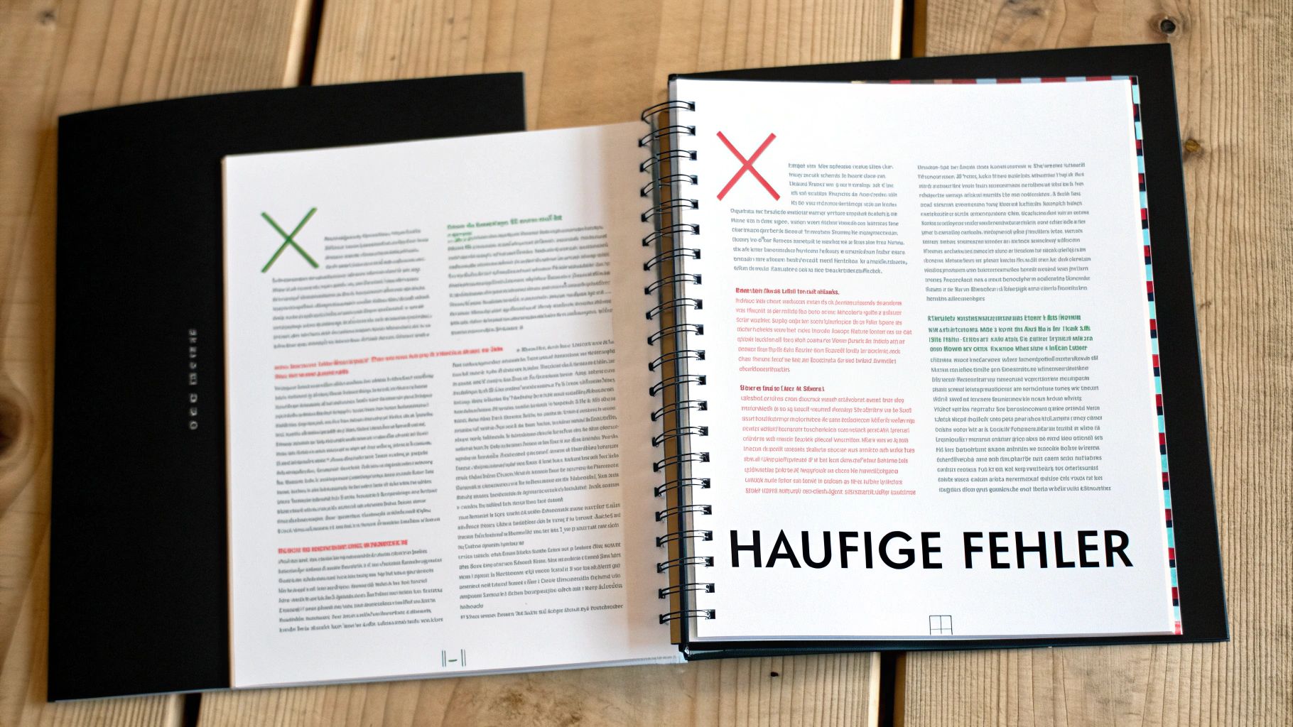 Ein aufgeschlagenes Spiralbuch mit schwarzem Einband zeigt die Seiten „Häufige Fehler“ und eine grüne X-Markierung.