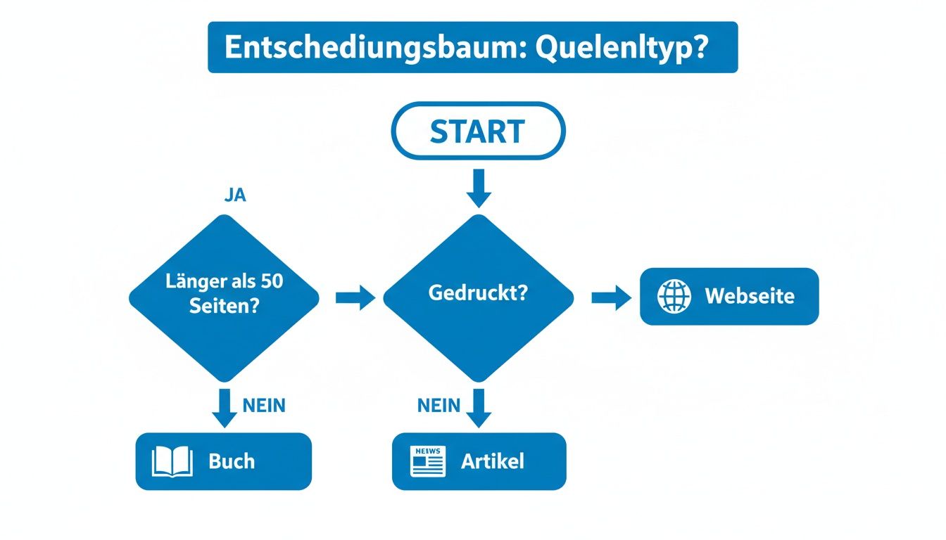 Flussdiagramm zur Bestimmung des Quellentyps, das zwischen Buch, Artikel und Webseite unterscheidet.