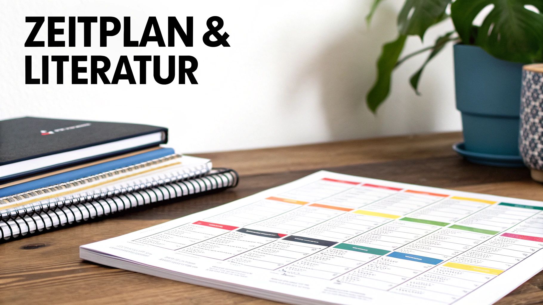 Schreibtisch mit aufgeschlagenem Zeitplan, Notizbüchern und Zimmerpflanze. Der Titel 'Zeitplan & Literatur' ist prominent.