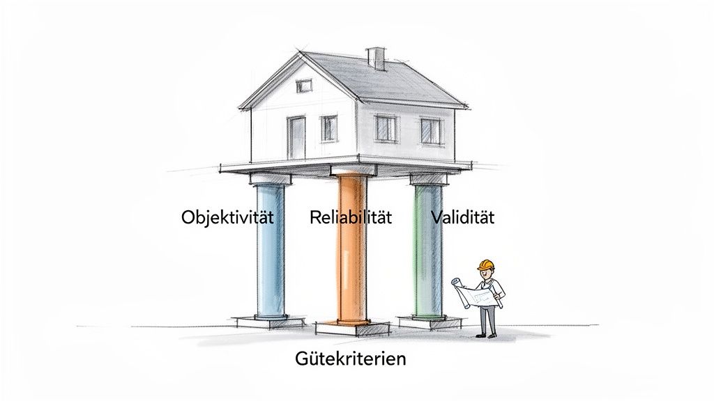 Haus auf drei Säulen (Objektivität, Reliabilität, Validität) symbolisiert Gütekriterien; Person prüft Baupläne.