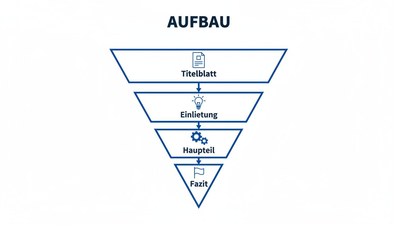 Trichterdiagramm, das den Aufbau einer wissenschaftlichen Arbeit darstellt: Titelblatt, Einleitung, Hauptteil, Fazit.