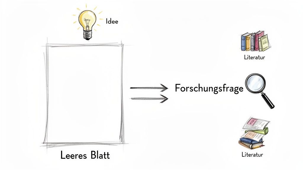 Das Bild zeigt, wie eine Idee und ein leeres Blatt durch Literaturrecherche zu einer Forschungsfrage führen.