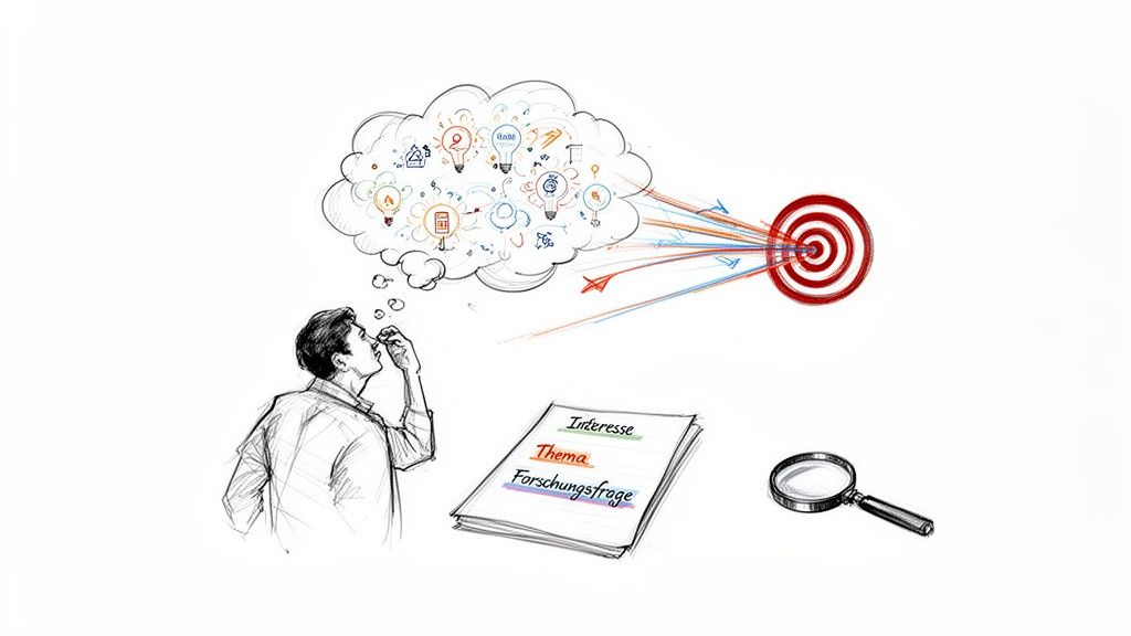 Mann denkt, Ideen fließen zum Ziel, Papiere zeigen Interesse, Thema, Forschungsfrage mit Lupe.