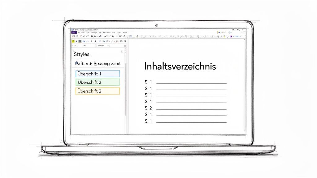 Laptopbildschirm zeigt ein Dokument mit einem Inhaltsverzeichnis und Formatvorlagen-Optionen wie Überschrift 1 und 2.