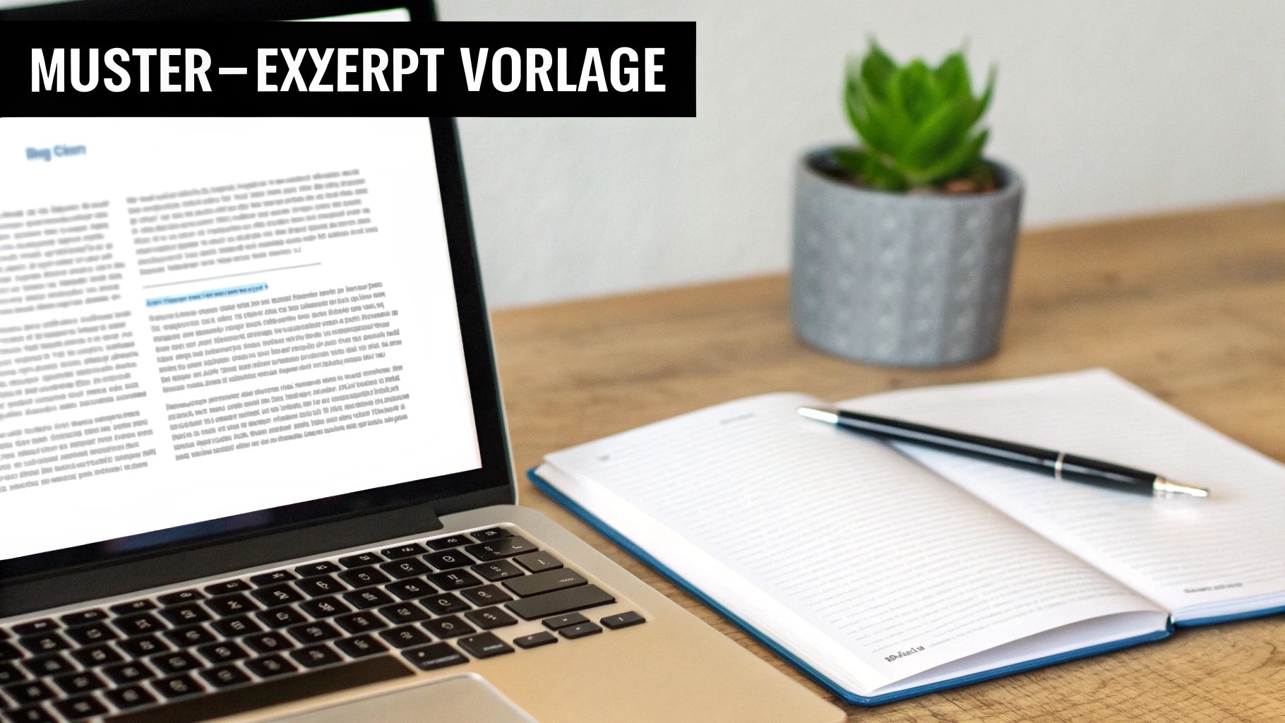 Ein Schreibtisch mit Laptop, offenem Notizbuch, Stift und Pflanze, ideal für die Erstellung einer Exzerpt Vorlage.