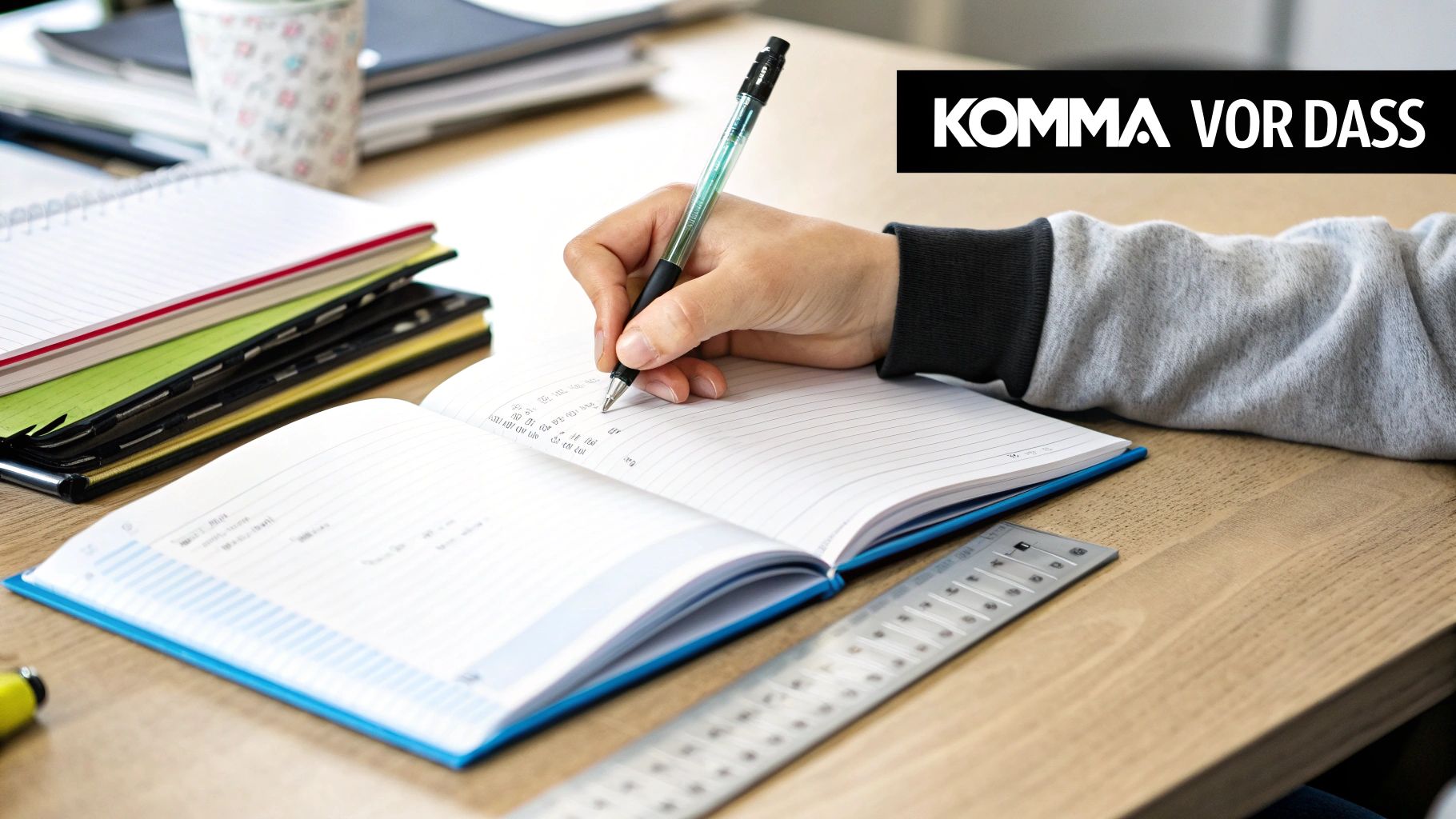 Eine Hand schreibt mit einem Stift in ein Notizbuch auf einem Schreibtisch. Der Text