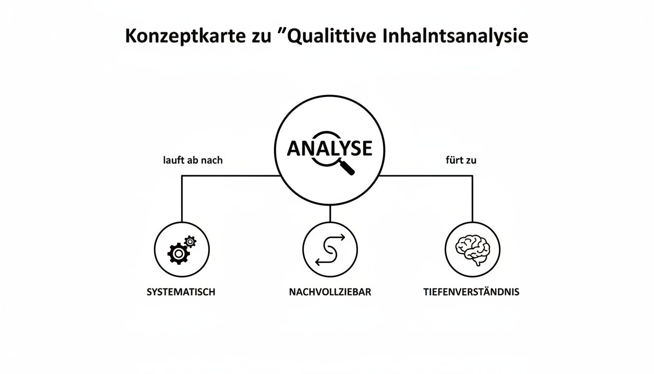 Konzeptkarte zur Qualitativen Inhaltsanalyse, die zeigt, dass Analyse systematisch und nachvollziehbar ist und zu Tiefenverständnis führt.