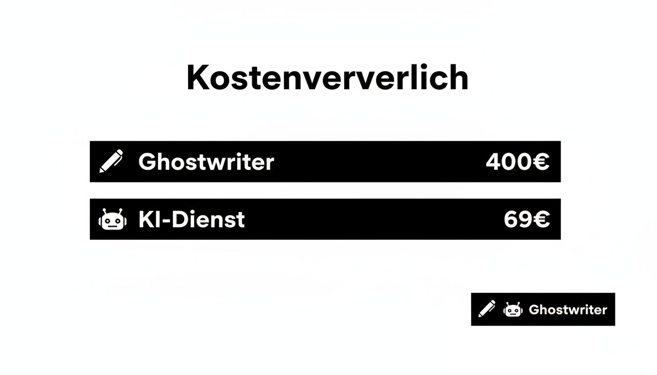 Eine Grafik zeigt einen Kostenvergleich für das Schreiben von Texten durch einen Ghostwriter (400€) und einen KI-Dienst (69€).