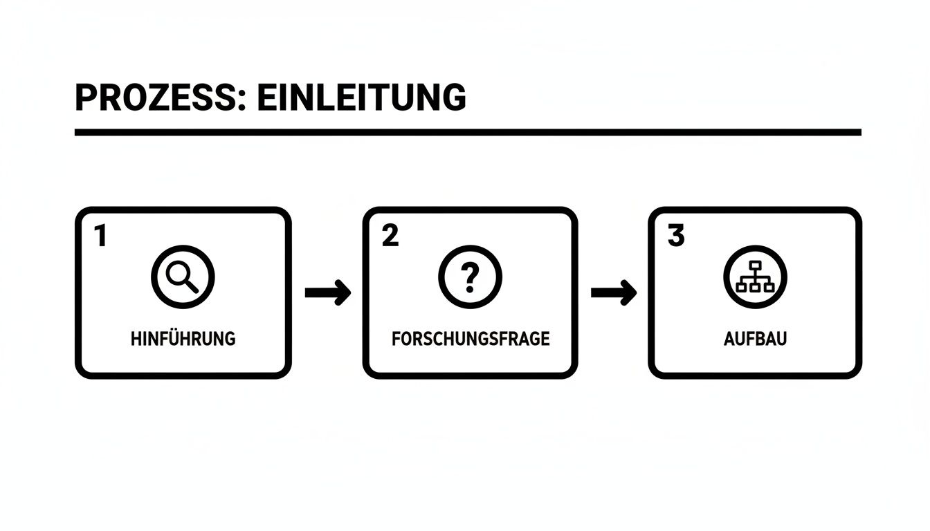 Flussdiagramm zeigt den Prozess der Einleitung einer wissenschaftlichen Arbeit in drei Schritten: Hinführung, Forschungsfrage und Aufbau.