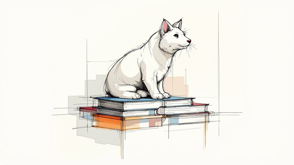 Ein akademisches Setting mit Büchern und einem Laptop, das die Verbindung von traditioneller Recherche und moderner KI-Nutzung darstellt.