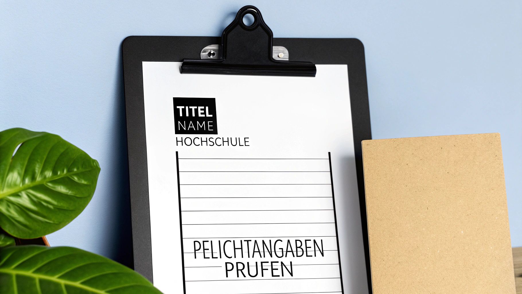 Klemmbrett mit Deckblatt für wissenschaftliche Arbeit zeigt Titel, Name, Hochschule und Pflichtangaben zum Prüfen