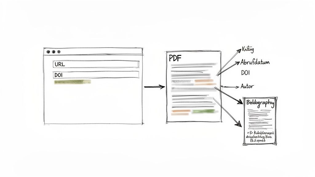 Diagramm einer Datenextraktion: URL und DOI führen zu PDF, von dem Titel, Abrufdatum und Autor für eine Bibliographie entnommen werden.