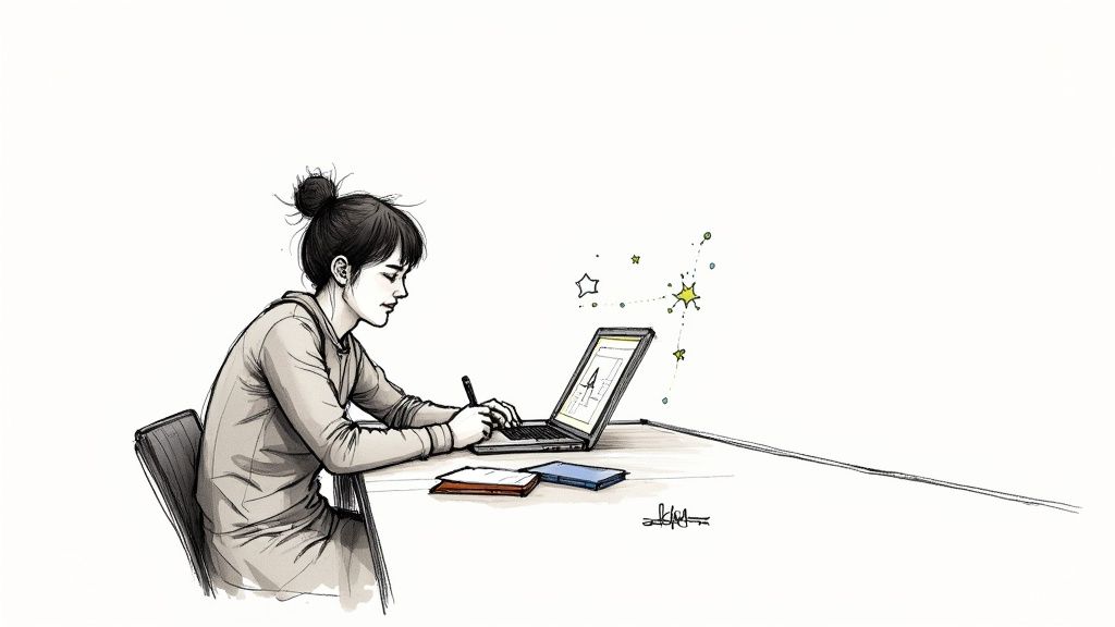 Ein Student arbeitet konzentriert an seinem Laptop, umgeben von Büchern und Notizen, während eine stilisierte Grafik eines neuronalen Netzwerks im Hintergrund die KI-Unterstützung symbolisiert.