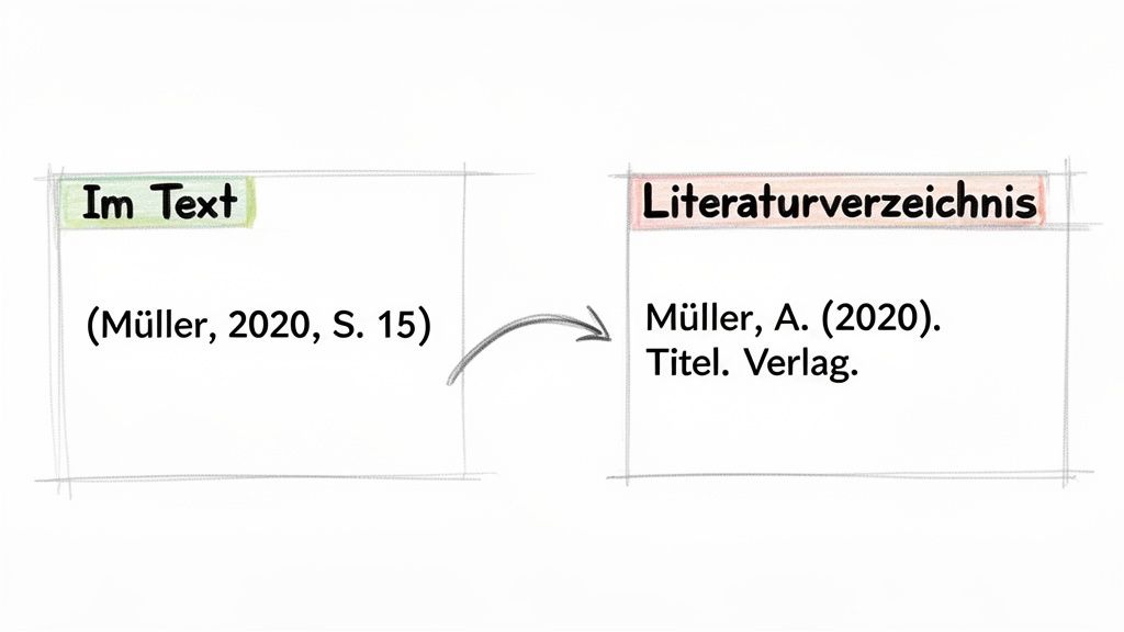 Veranschaulichung der Beziehung zwischen einem Verweis im Text und dem entsprechenden Eintrag im Literaturverzeichnis.