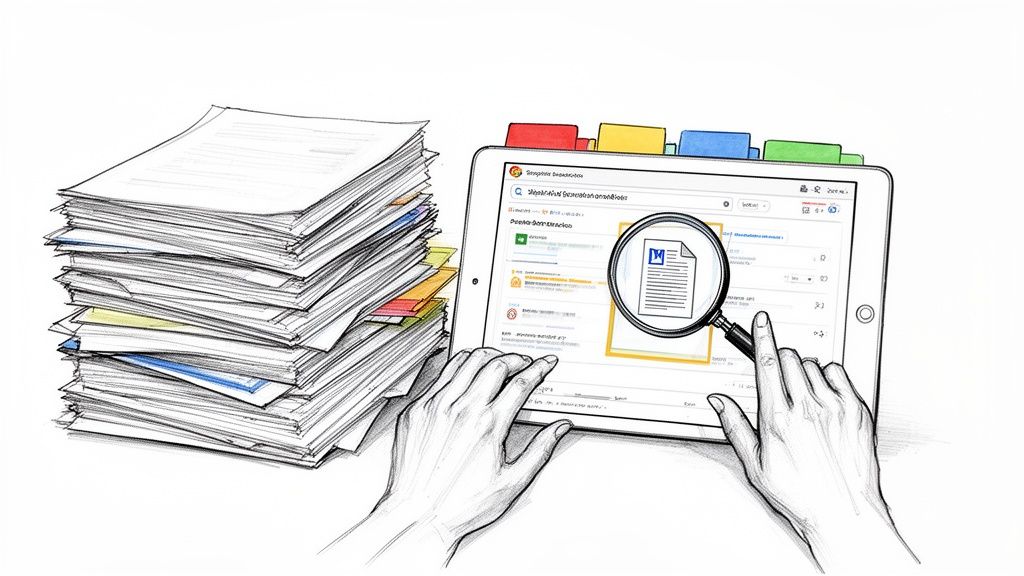 Ein Stapel Papierdokumente und ein Tablet mit Händen, die eine digitale Dokumentsuche bedienen.