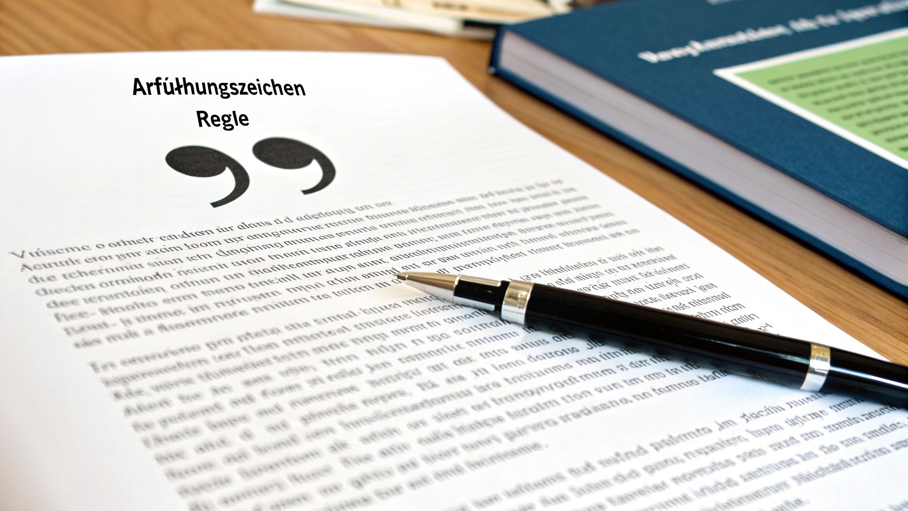 Nahaufnahme eines Dokuments mit 'Anführungszeichen Regeln', einem großen Zitat-Symbol und einem Stift.
