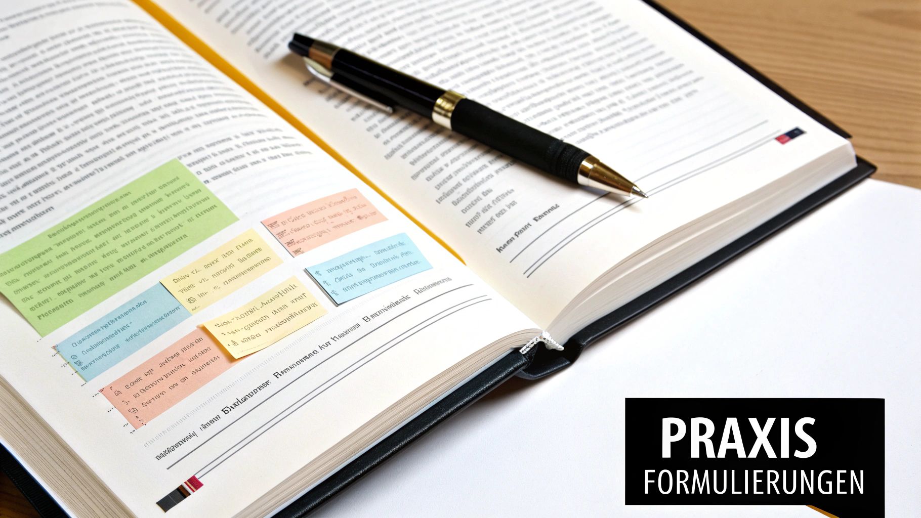 Offenes Buch mit Stift und bunten Haftnotizen. Ideal für Notizen, Studium oder Praxisformulare.