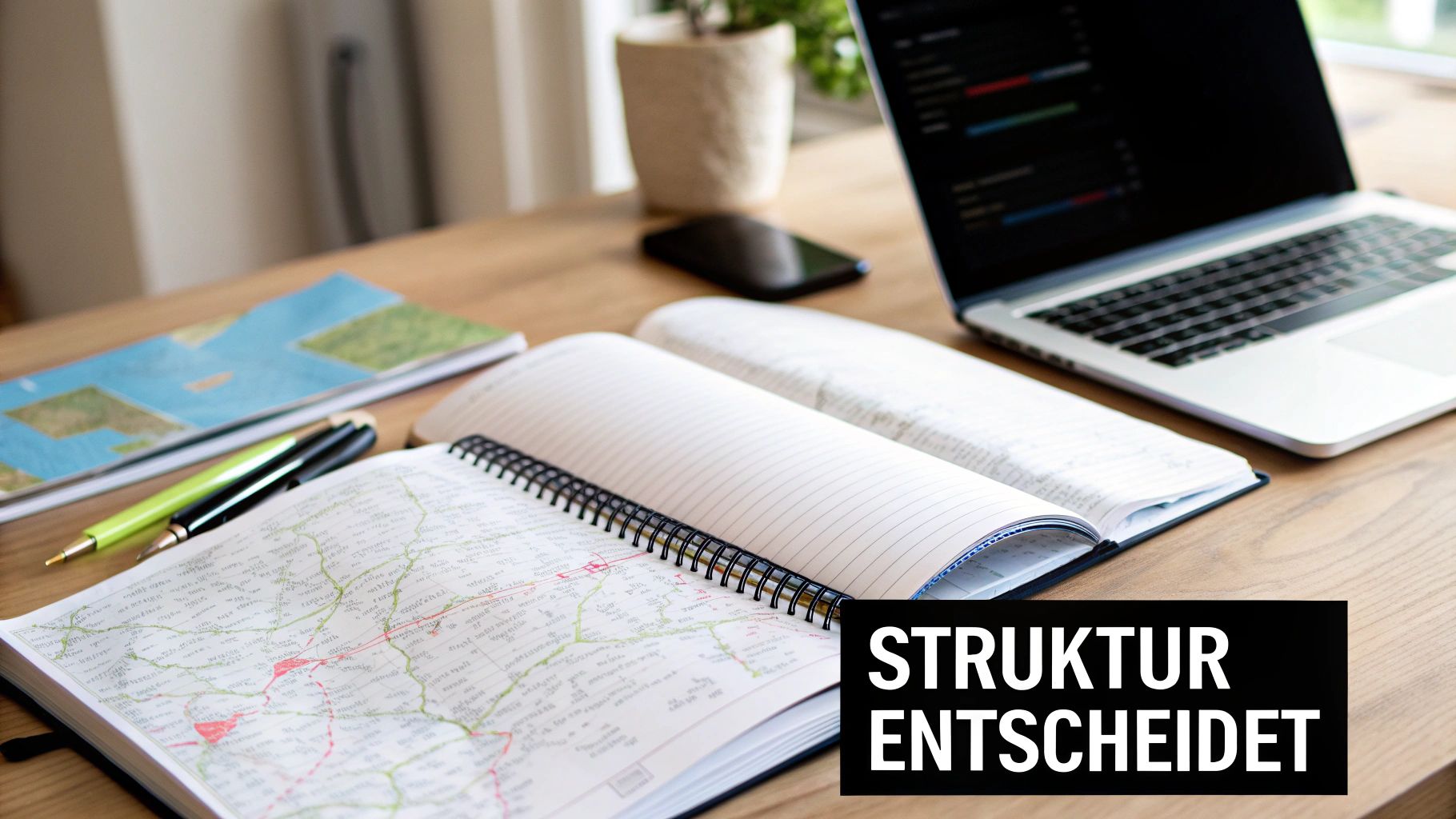 Ein Schreibtisch mit offenen Notizbüchern, Stiften, Laptop und Smartphone, perfekt für Studien oder Planung. Aufgelegte Karte und liniertes Papier.