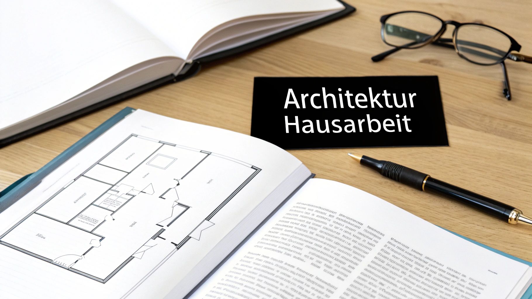 Schwarzes Schild mit der Aufschrift 'Architektur Hausarbeit' auf einem Schreibtisch, umgeben von Notizbüchern, Plänen und Schreibutensilien.
