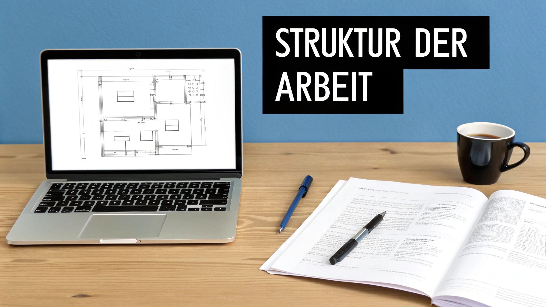 Arbeitsplatz mit Laptop, Bauplan auf dem Bildschirm, offenem Buch, Stift und Kaffeetasse. Text: Struktur der Arbeit.