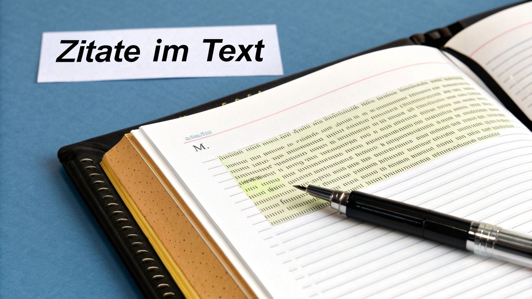 Ein offenes Notizbuch auf blauem Untergrund mit markiertem Text und einem Stift. Eine Notiz 'Zitate im Text' liegt daneben.
