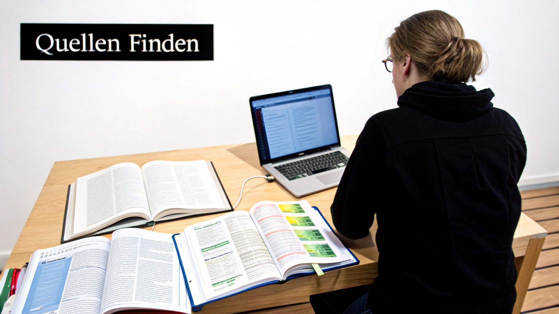 Eine Person recherchiert an einem Schreibtisch mit Büchern und Laptop unter dem Schild 'Quellen Finden'.