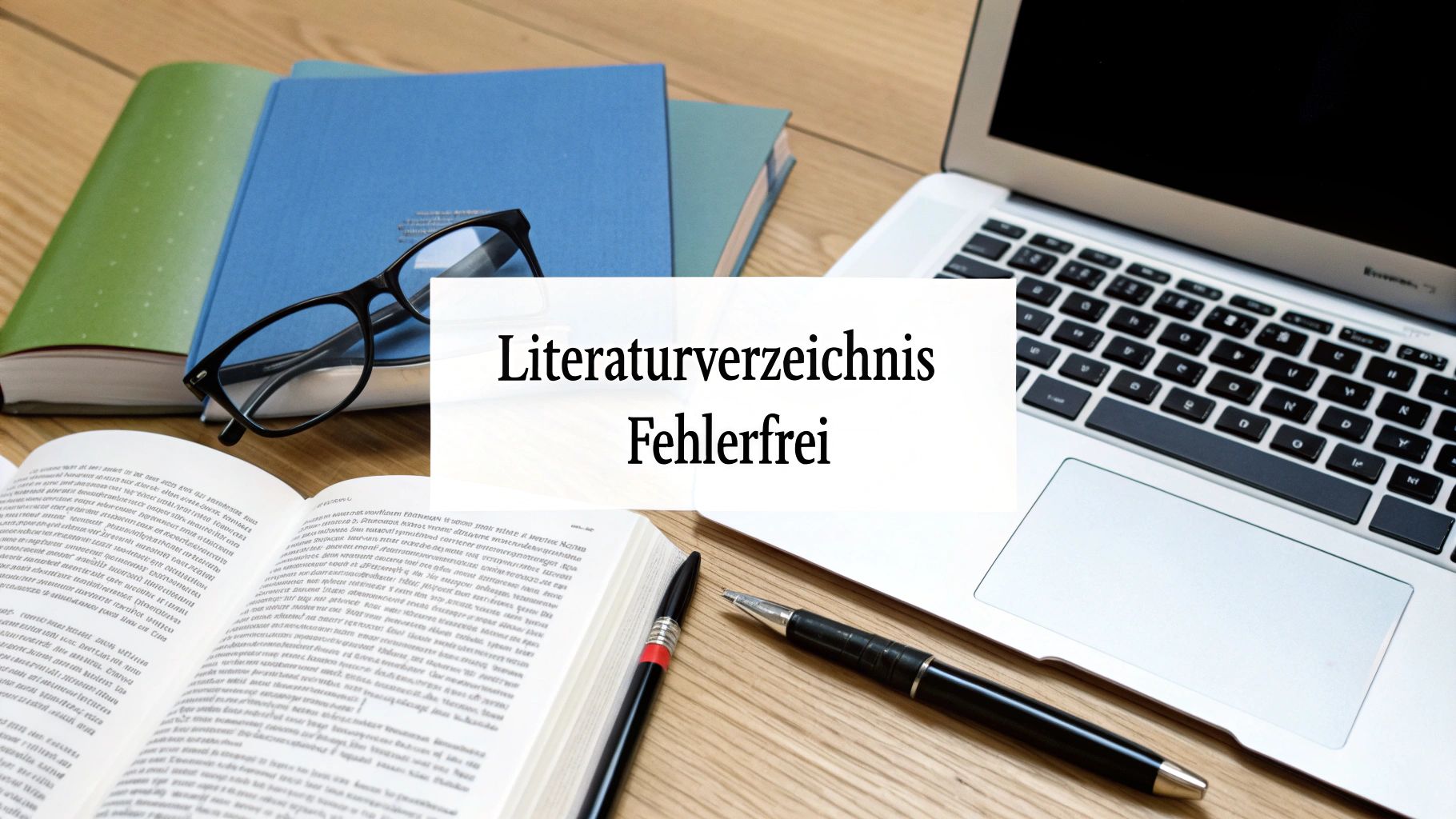 Ein offenes Buch, Brille, Stifte und ein Laptop auf einem Holztisch mit dem Text 