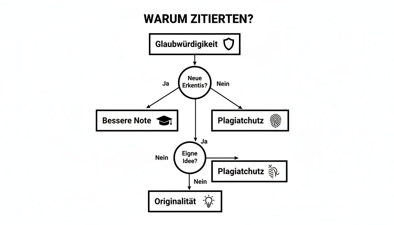 Flussdiagramm zur Frage 'Warum zitieren?', das Glaubwürdigkeit, Plagiatschutz, bessere Noten und Originalität als Gründe hervorhebt.