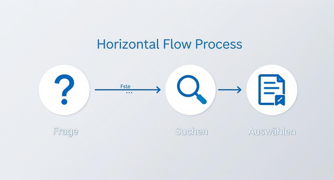 Horizontaler Prozessablauf zeigt drei Schritte: Frage stellen, Suchen und Auswählen für wissenschaftliche Recherche