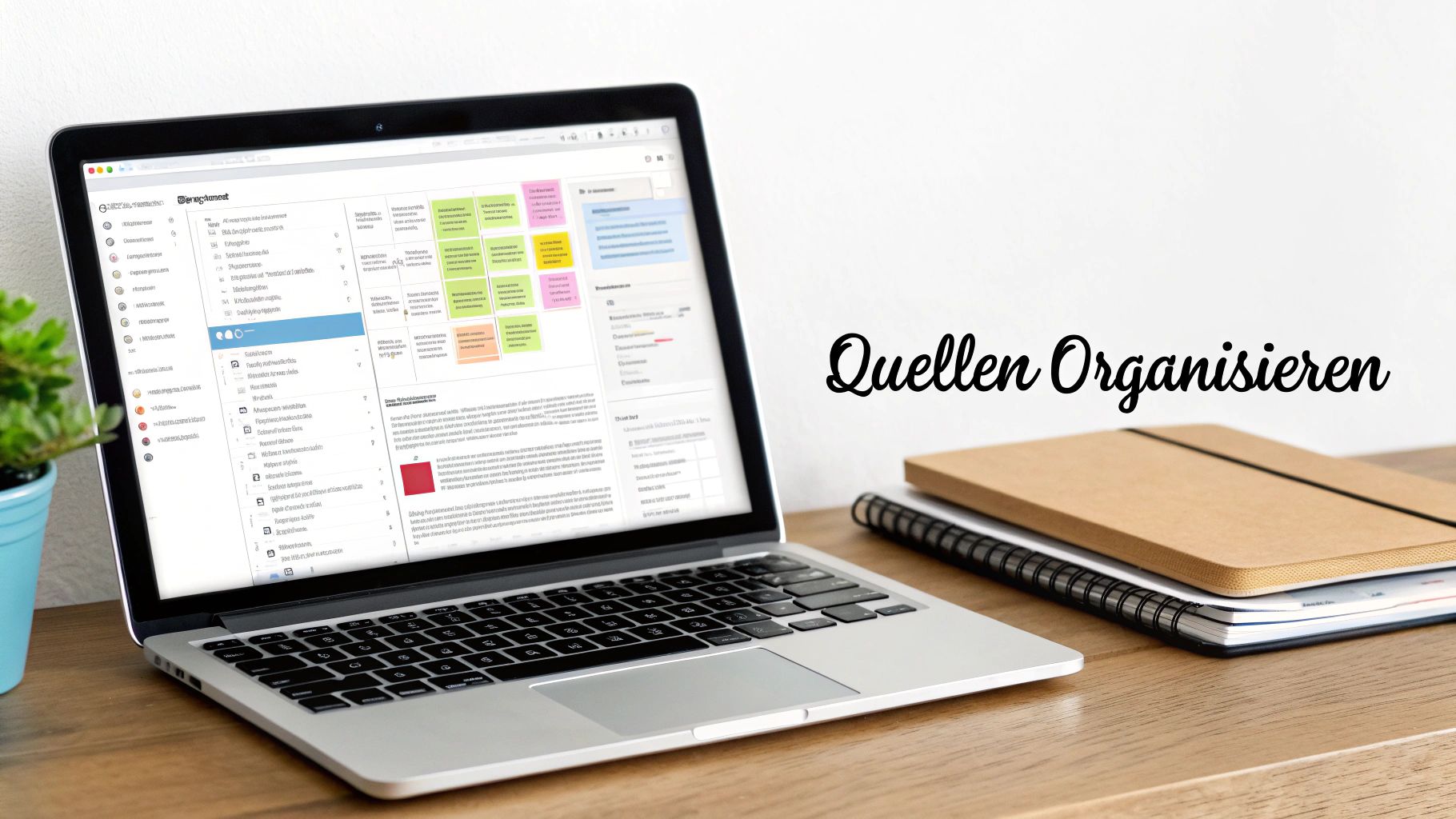 Laptop zeigt digitale Organisation wissenschaftlicher Quellen mit farbigen Notizen und Struktur auf dem Schreibtisch