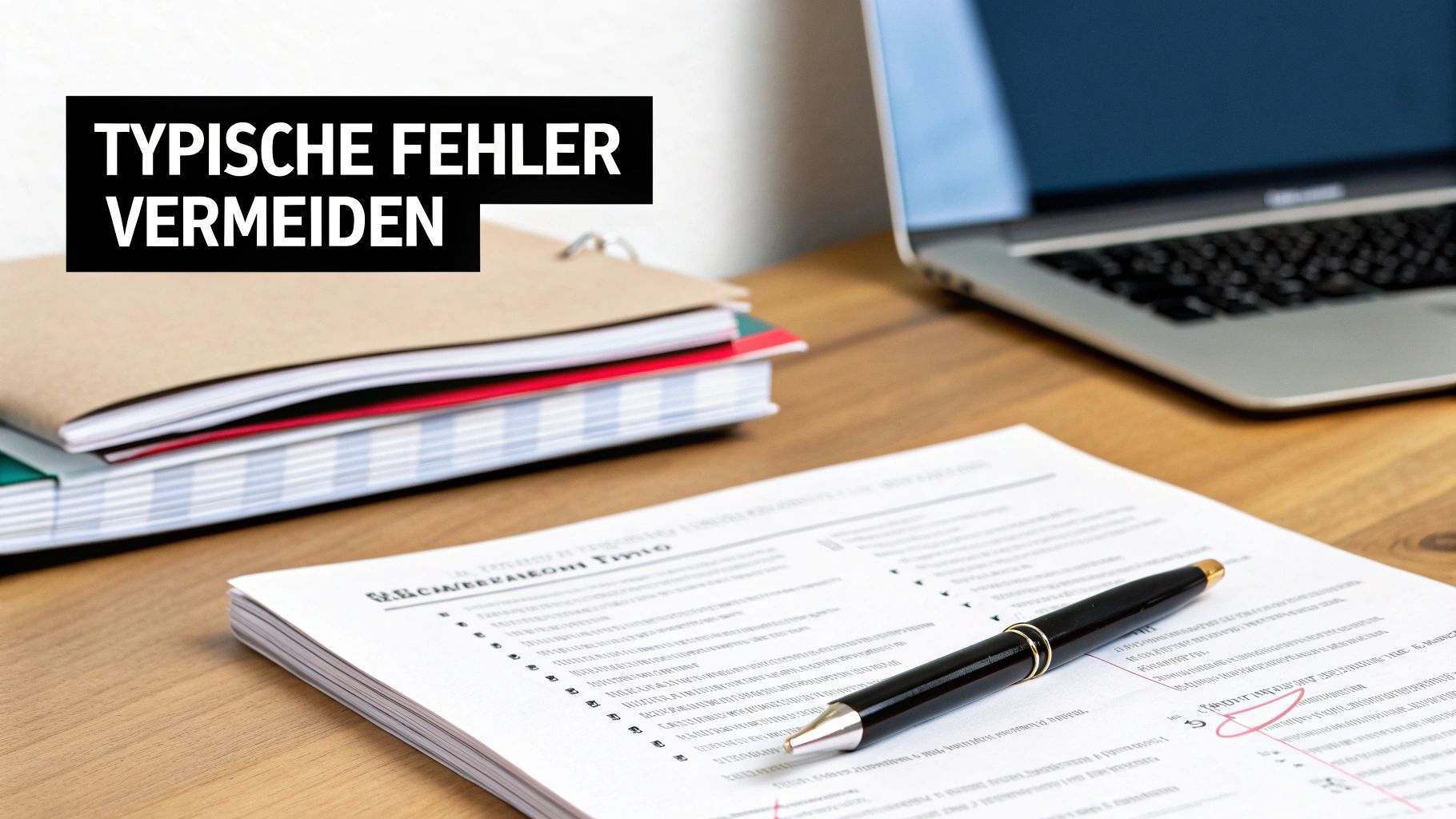 Schreibtisch mit Laptop, Dokumenten, Stift und Notizbüchern. Der Text