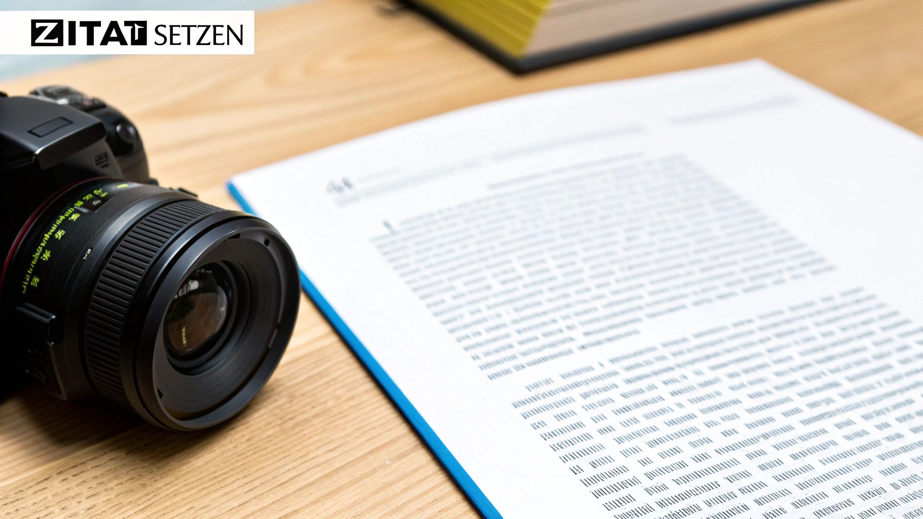 Eine Kamera und ein Dokument mit Text liegen auf einem Holztisch. Oben links ist das Logo „ZITAT SETZEN“ zu sehen.