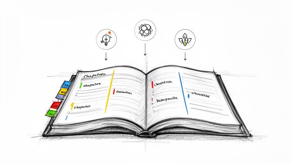 Eine Skizze eines offenen Buches mit farbigen Abschnitten und thematischen Symbolen oben, die Organisation und Exzerpt zeigen.