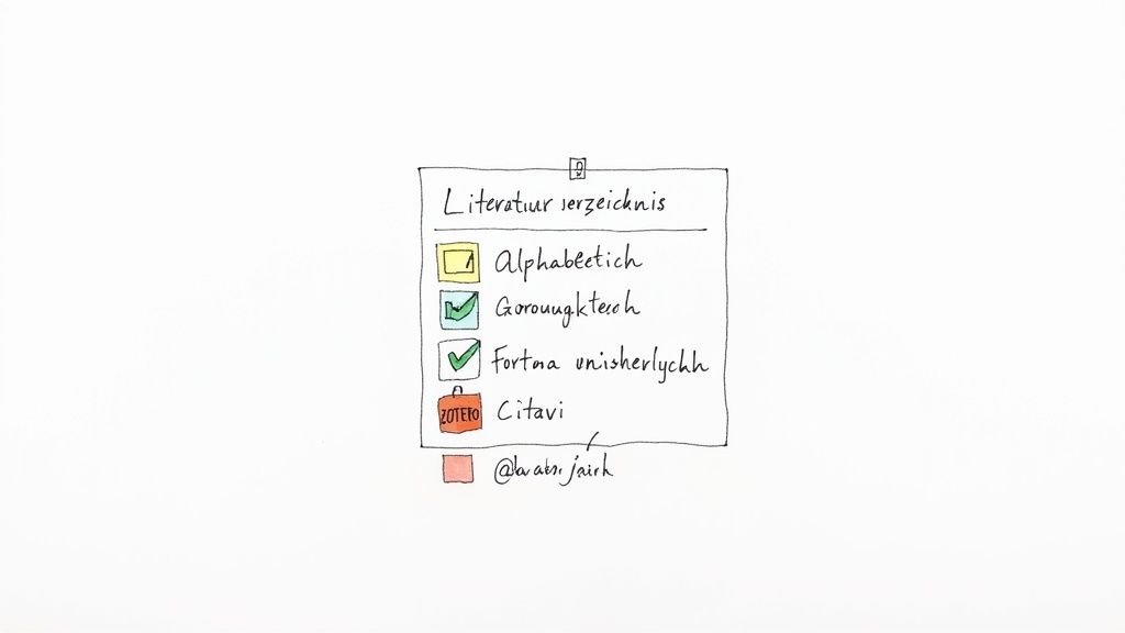 Handgezeichnete Checkliste 'Literaturverzeichnis' mit Optionen für Formatierung und Zitierstil, teilweise abgehakt.