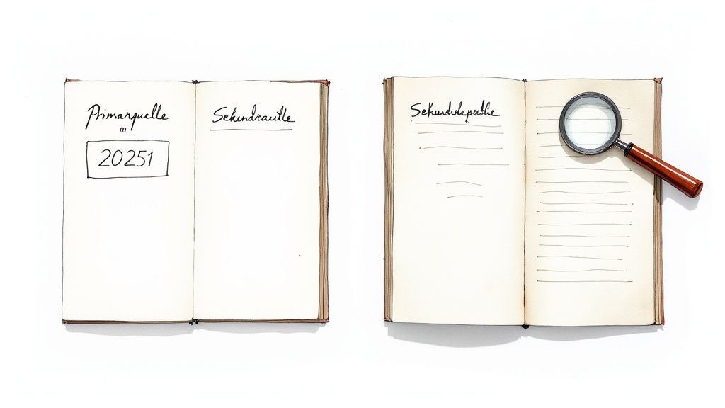 Eine Person, die in einem alten Buch liest, umgeben von weiteren Büchern, was die Recherche mit Primär- und Sekundärquellen symbolisiert.