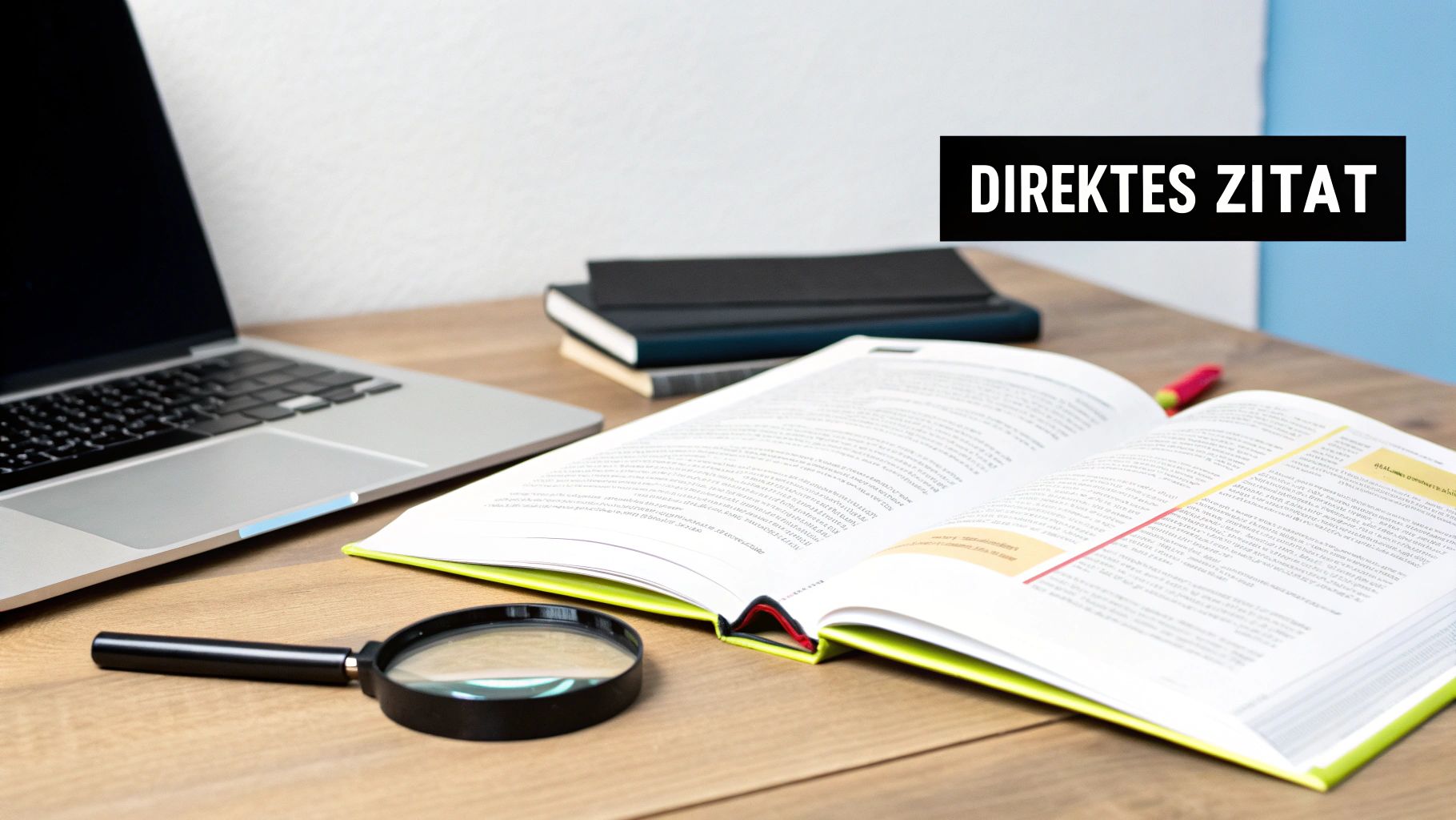Schreibtisch mit Laptop, offenem Buch, Lupe und Notizbüchern. Der Text 'DIREKTES ZITAT' ist sichtbar.