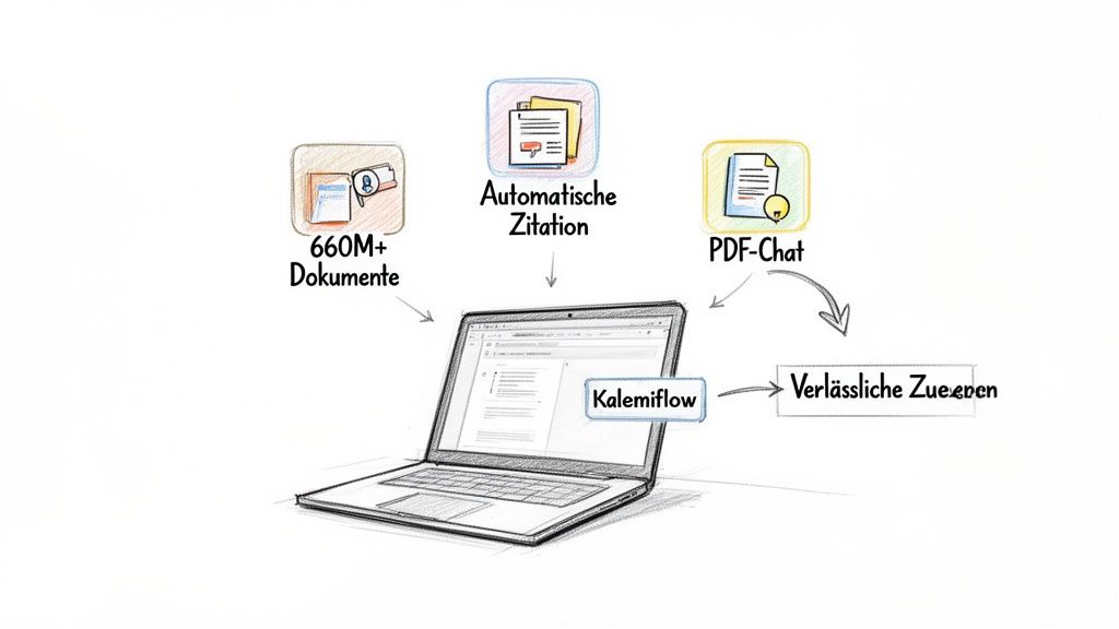 Ein Diagramm zeigt, wie Kalemiflow auf einem Laptop 660M+ Dokumente, automatische Zitation und PDF-Chat für zuverlässige Ergebnisse nutzt.