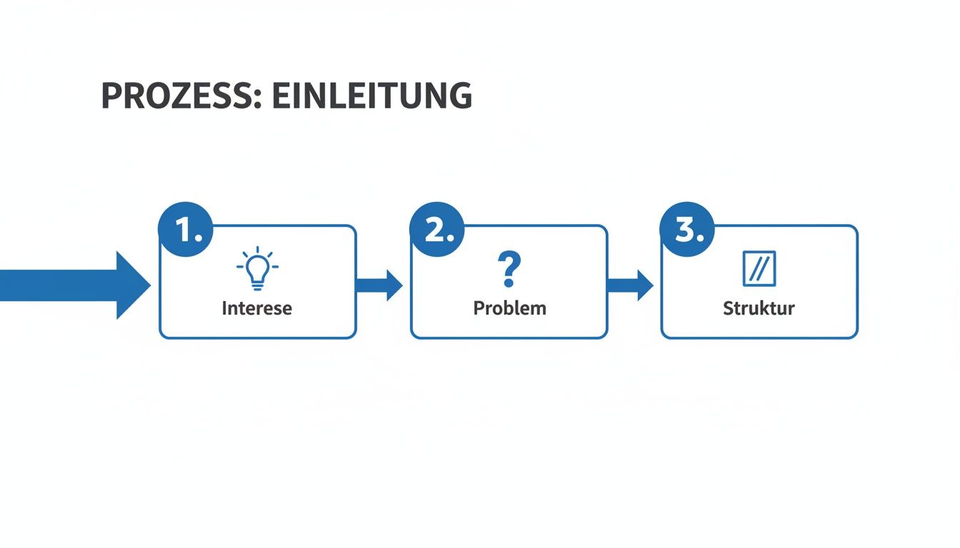 Flussdiagramm zeigt den Prozess der Einleitung in drei Schritten: Interesse, Problem und Struktur.