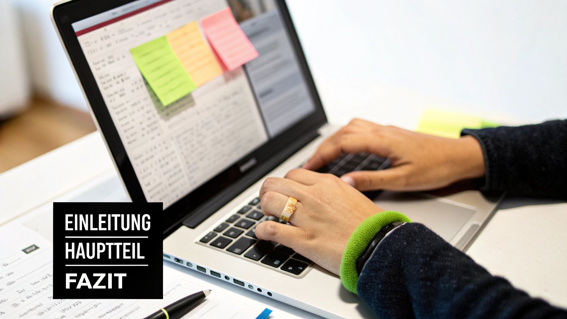 Eine Person verfasst eine Hausarbeit am Laptop, mit Notizen und der Gliederung 