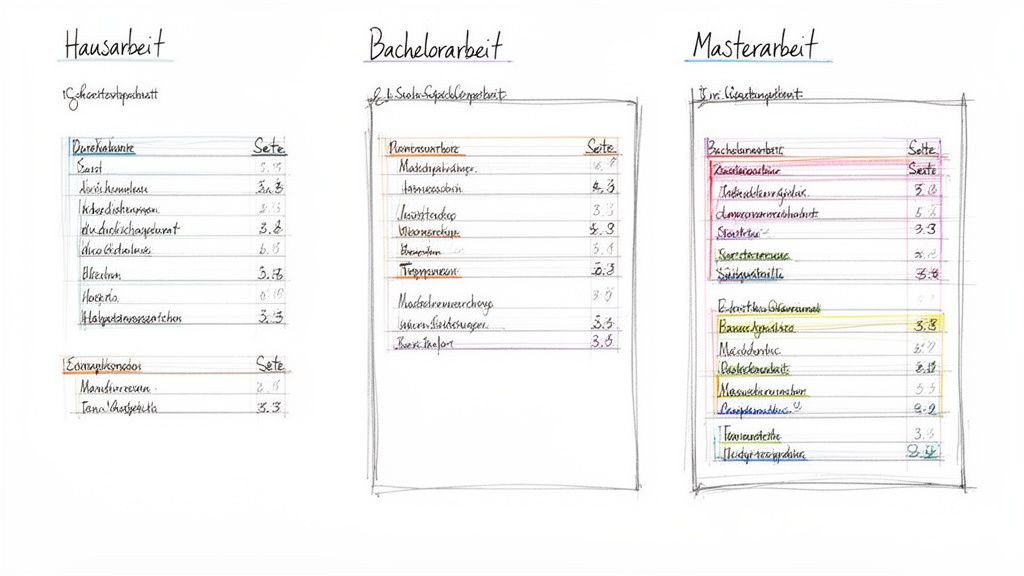 Handgeschriebene Inhaltsverzeichnisse für Haus-, Bachelor- und Masterarbeiten, die Struktur und Seitenzahlen zeigen.