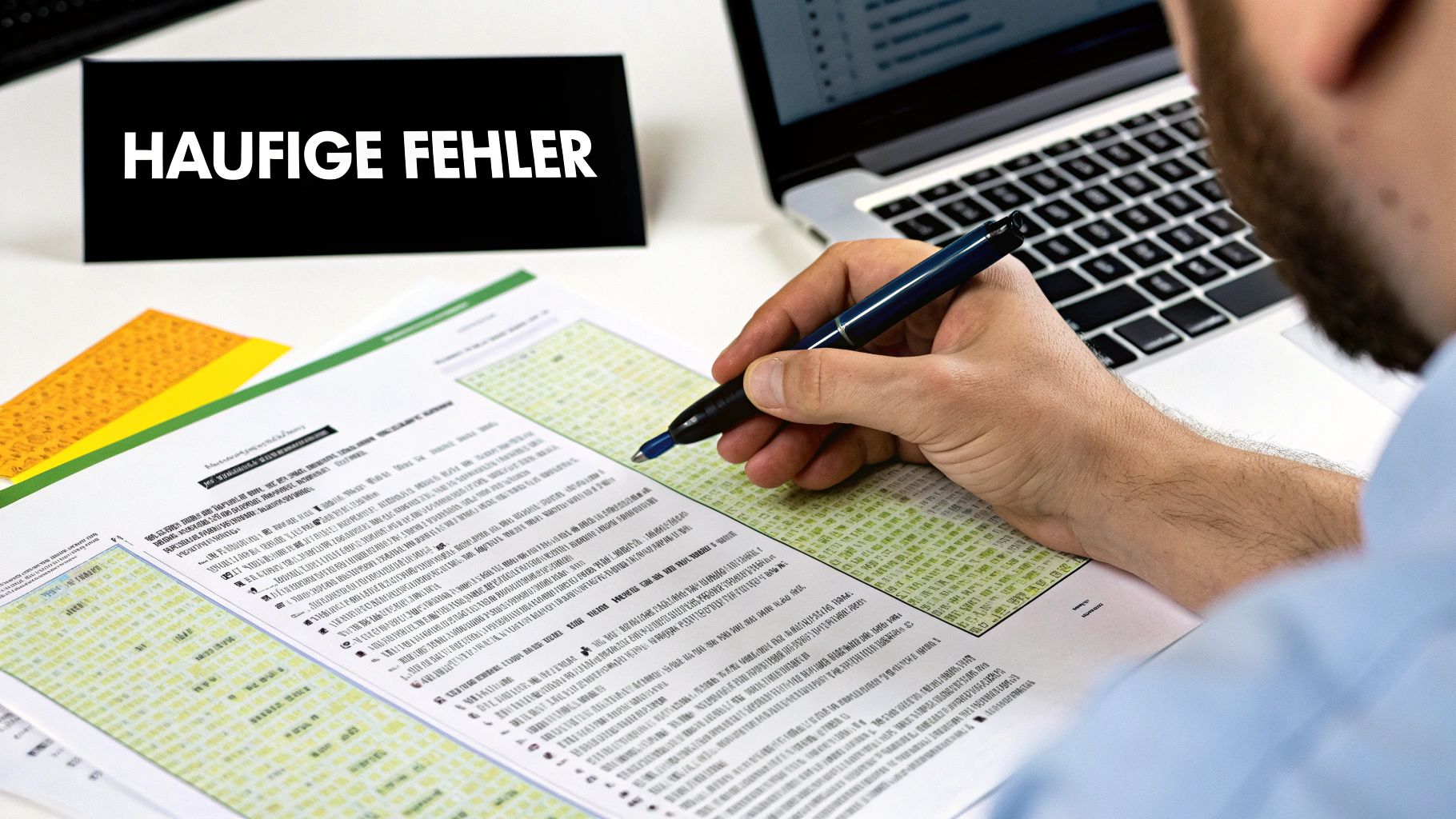 Mann überprüft Dokumente mit Stift, Laptop und Schild 'Häufige Fehler' im Hintergrund.